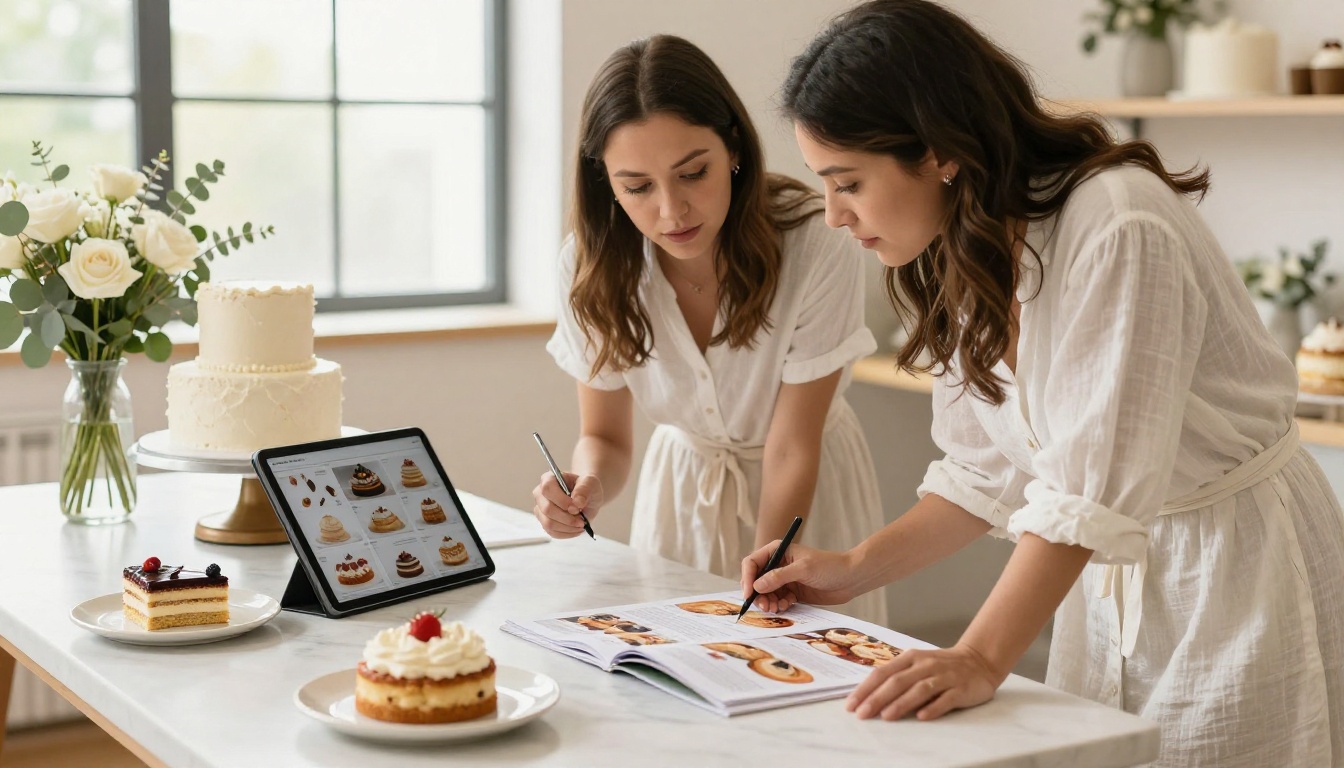 A bride and female cake designer reviewing a flipbook catalog and cake samples at a marble consultation table