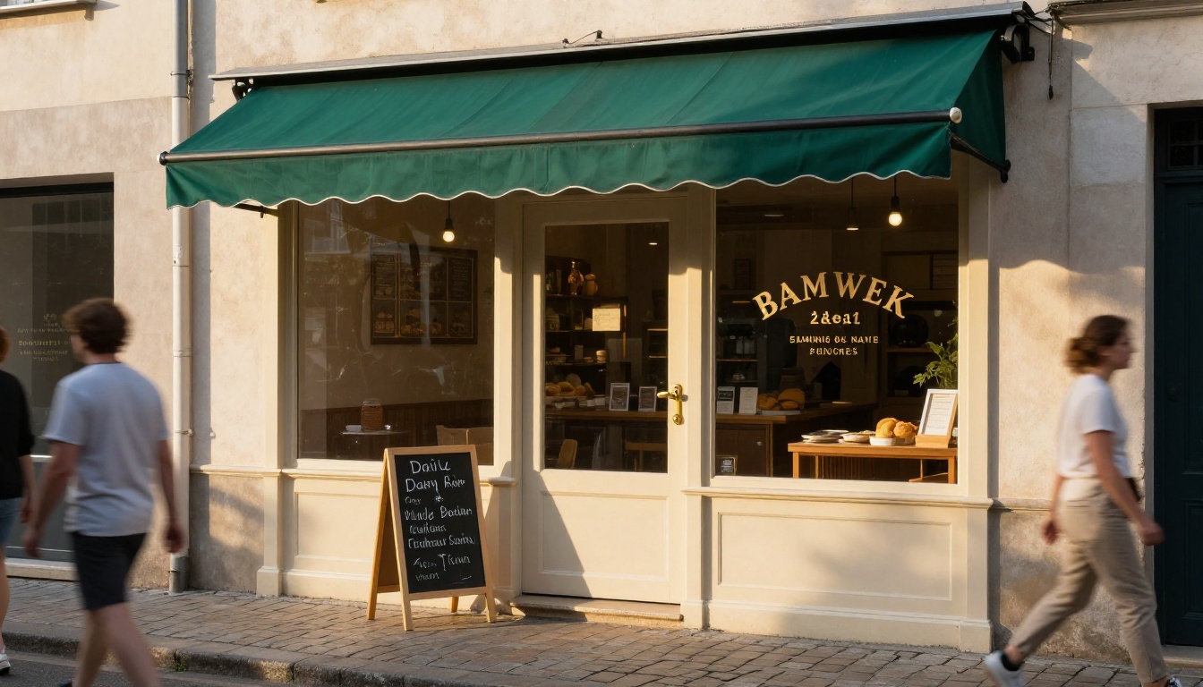 A charming French-style bakery storefront with cream wood paneling, green awning, and chalkboard sign on cobblestone sidewalk