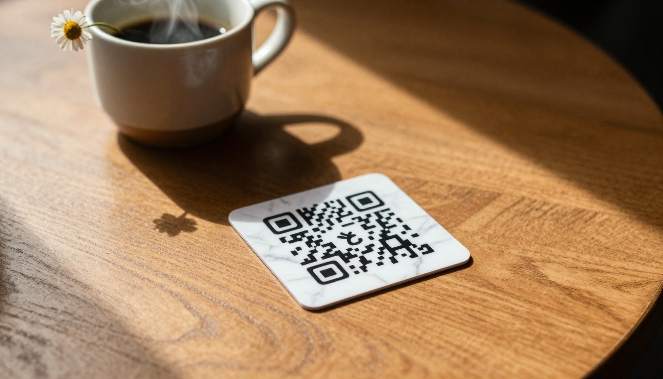 A QR code card on a warm wooden cafe table next to a ceramic coffee cup and chamomile flower in a small vase