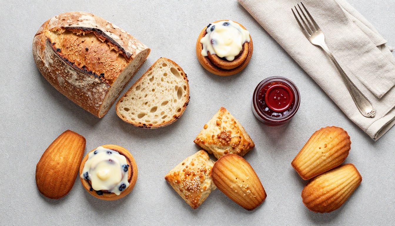 An overhead flat lay of artisan baked goods including sourdough, cinnamon rolls, blueberry scones, madeleines, and jam on a grey surface