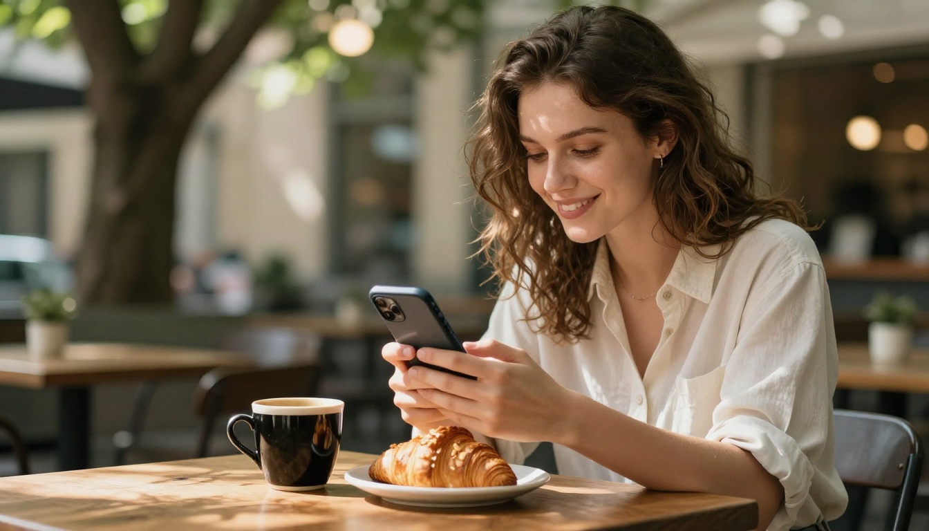 A young woman at an outdoor cafe table smiling while scrolling through a digital bakery flipbook on her phone