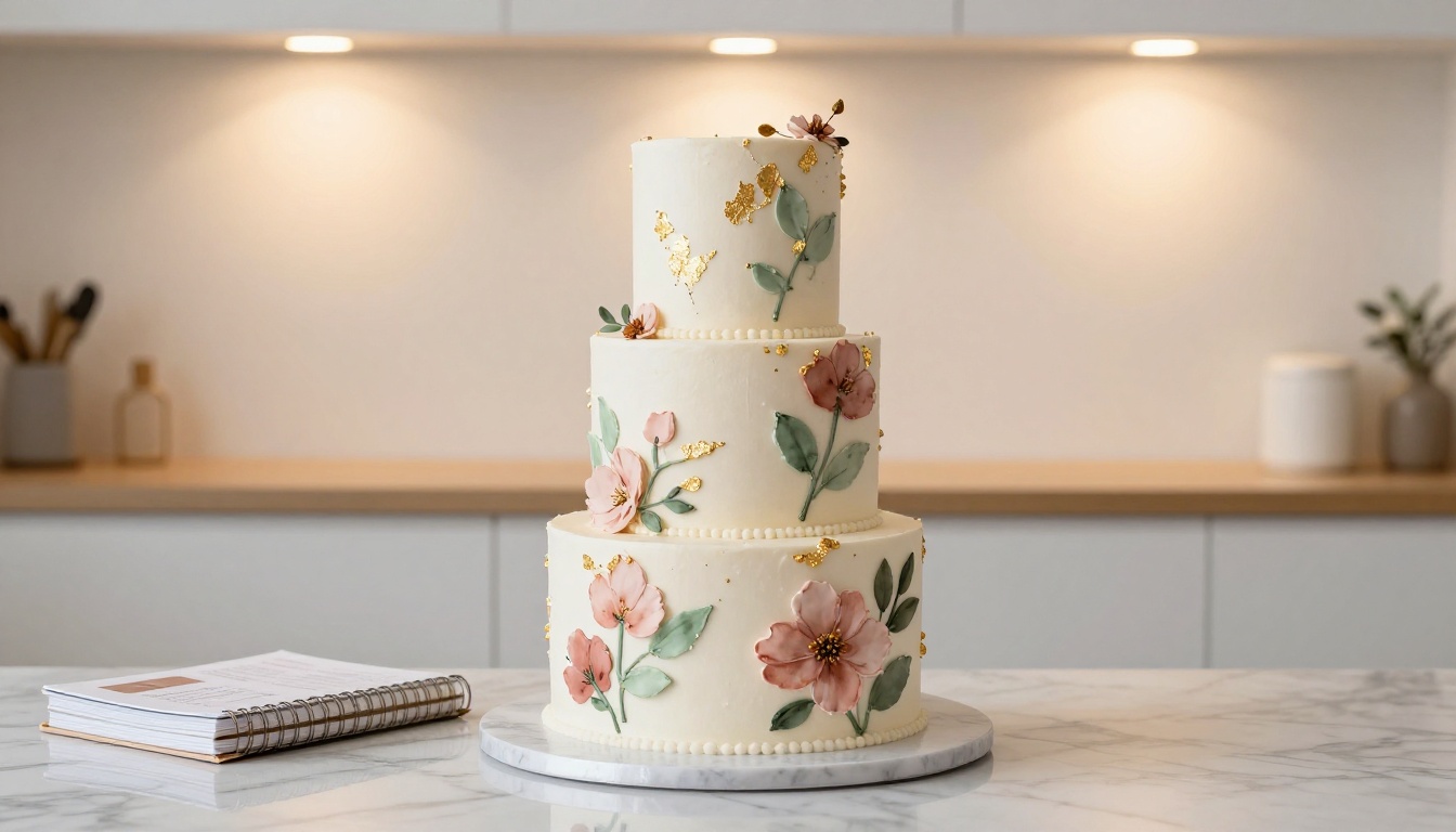 A three-tier celebration cake with fresh flowers and gold leaf details on a marble pedestal in a bright cake studio