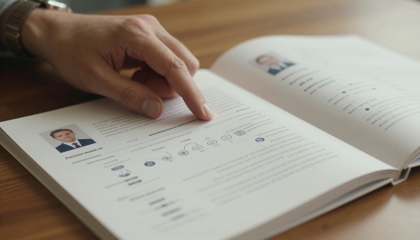 Hands carefully turning the pages of a beautifully designed printed visual resume portfolio on a walnut desk Hands carefully turning the pages of a beautifully designed printed visual resume portfolio on a walnut desk
