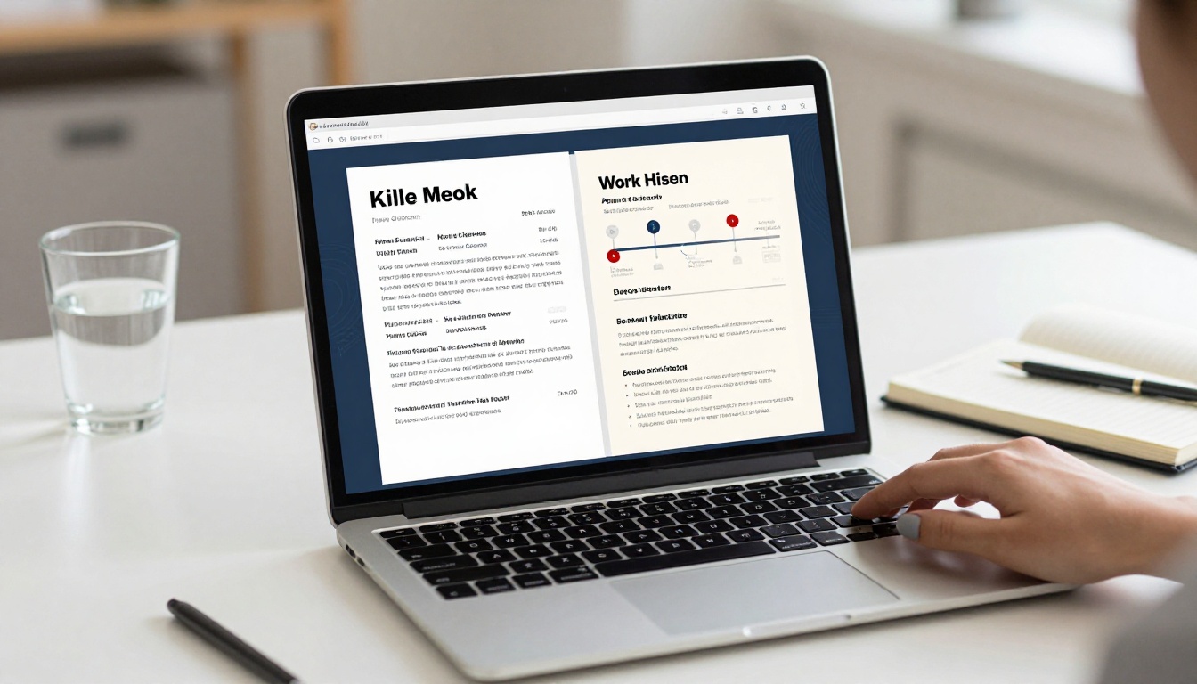 Digital flipbook resume displayed on a MacBook Air screen showing a skills page and work history timeline mid-page-turn Digital flipbook resume displayed on a MacBook Air screen showing a skills page and work history timeline mid-page-turn