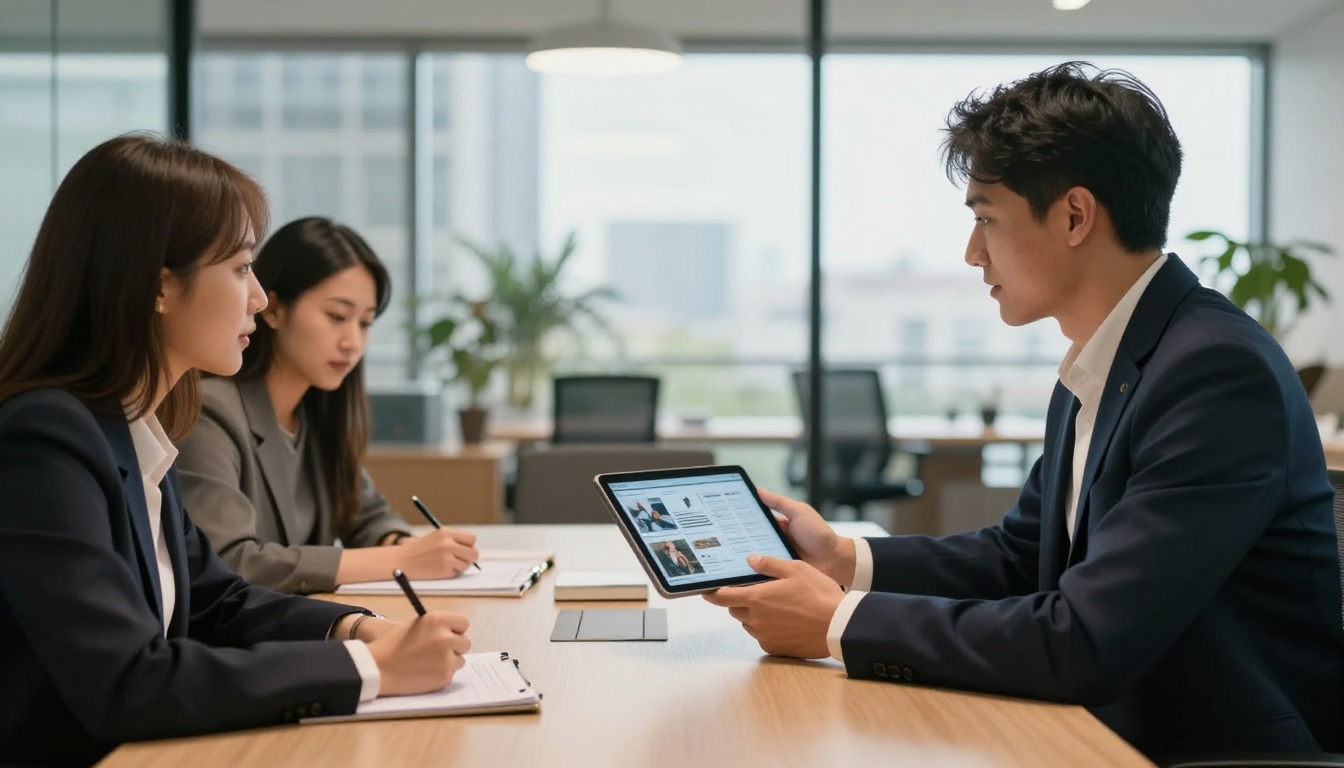 Job interview where a candidate in a navy blazer presents his visual flipbook portfolio on a tablet to two interviewers in a bright glass-walled conference room Job interview where a candidate in a navy blazer presents his visual flipbook portfolio on a tablet to two interviewers in a bright glass-walled conference room