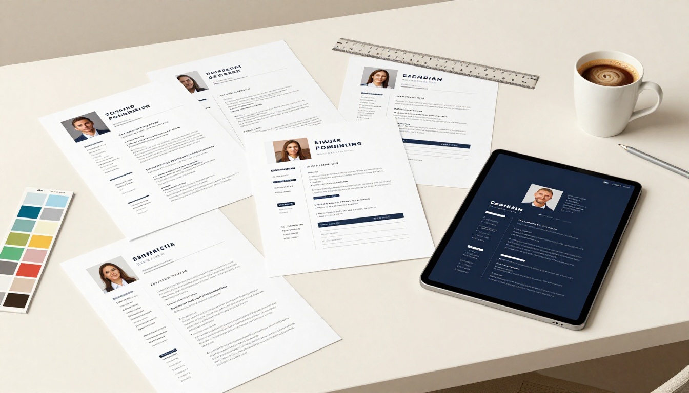 Aerial flat-lay of a creative workspace showing multiple printed resume portfolio mockups, color palette swatches, typography sheets, and a coffee cup on a white drafting table Aerial flat-lay of a creative workspace showing multiple printed resume portfolio mockups, color palette swatches, typography sheets, and a coffee cup on a white drafting table