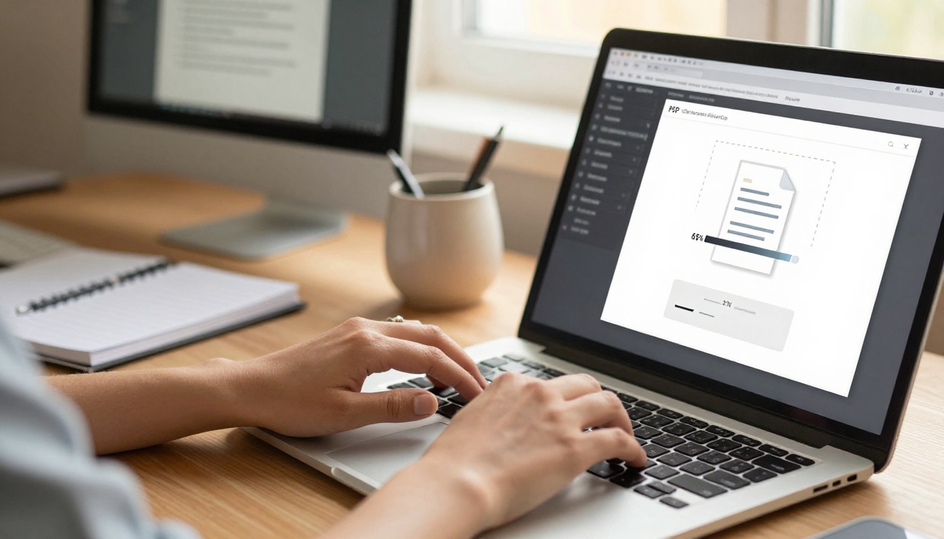 Young professional woman typing at her home office desk with the laptop screen showing a file upload interface with a PDF document mid-upload Young professional woman typing at her home office desk with the laptop screen showing a file upload interface with a PDF document mid-upload