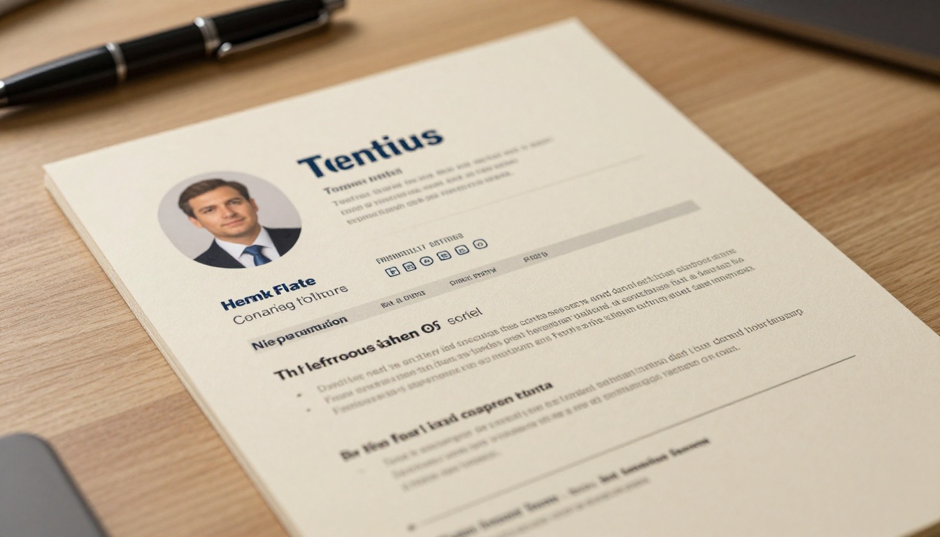 Extreme close-up of a printed portfolio page on a light wood desk showing a circular headshot, clean sans-serif typography, skill bars, and a fountain pen resting on top Extreme close-up of a printed portfolio page on a light wood desk showing a circular headshot, clean sans-serif typography, skill bars, and a fountain pen resting on top
