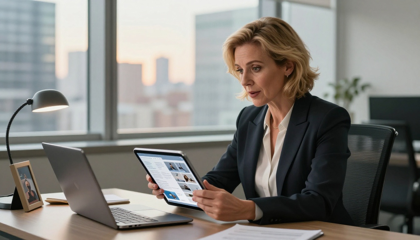 Confident hiring manager in a dark blazer reviewing a digital portfolio flipbook on an iPad Pro at her executive desk with city skyline visible through windows behind her Confident hiring manager in a dark blazer reviewing a digital portfolio flipbook on an iPad Pro at her executive desk with city skyline visible through windows behind her