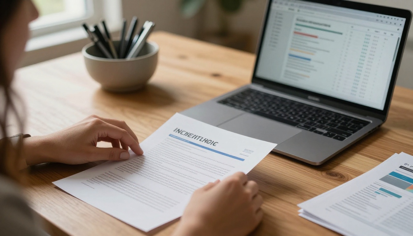 Influencer reviewing brand collaboration documents at a professional desk