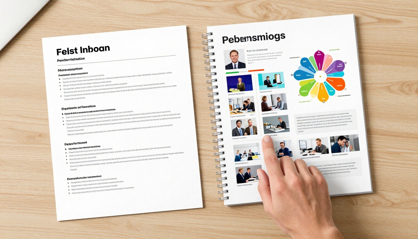 Side-by-side comparison on a light oak desk showing a plain black-and-white traditional resume on the left versus a colorful visual portfolio with headshot and skill infographics on the right Side-by-side comparison on a light oak desk showing a plain black-and-white traditional resume on the left versus a colorful visual portfolio with headshot and skill infographics on the right