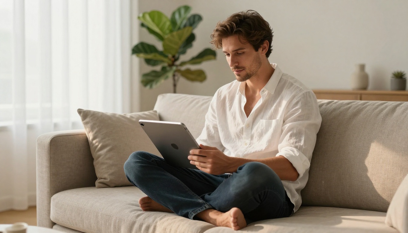 Male lifestyle influencer reviewing his interactive flipbook media kit on iPad