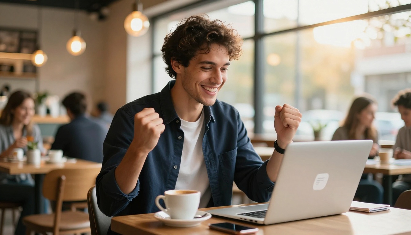 Young professional man in a navy blazer sitting in a modern coffee shop, raising his laptop in a quiet celebratory gesture with a wide genuine smile after receiving a job offer Young professional man in a navy blazer sitting in a modern coffee shop, raising his laptop in a quiet celebratory gesture with a wide genuine smile after receiving a job offer