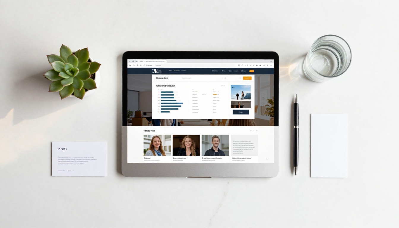 Aerial flat lay of MacBook showing media kit statistics on a marble desk