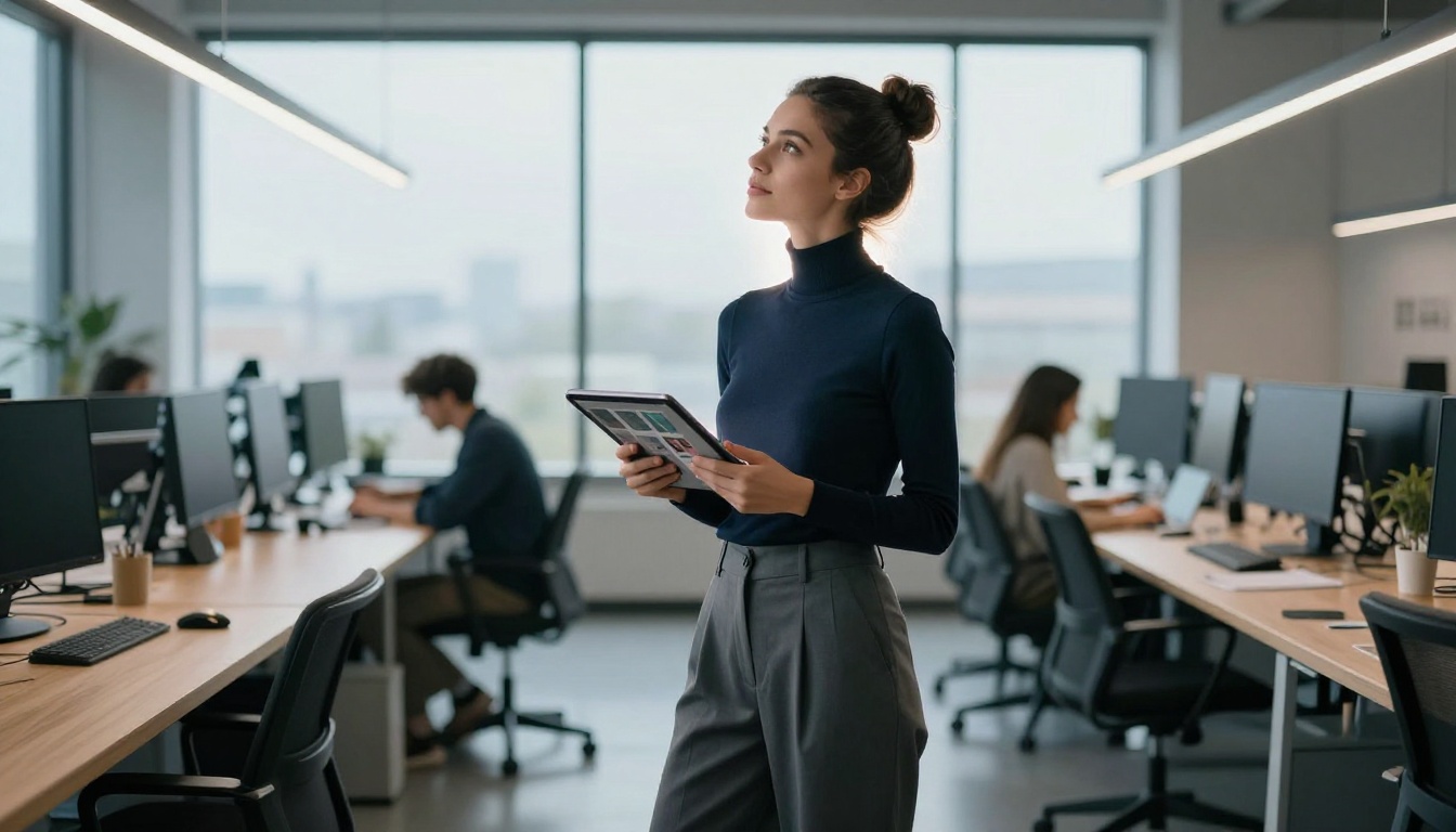 Fashion influencer standing at large window holding tablet with portfolio pages