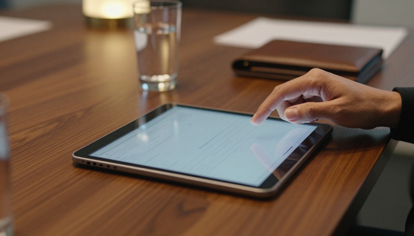 Brand executive scrolling through interactive flipbook on tablet in a boardroom