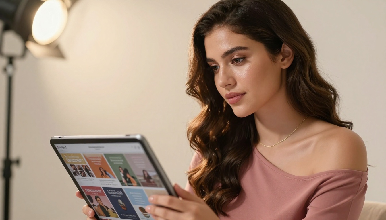 Beauty influencer holding tablet showing media kit in professional studio setting Beauty influencer holding tablet showing media kit in professional studio setting