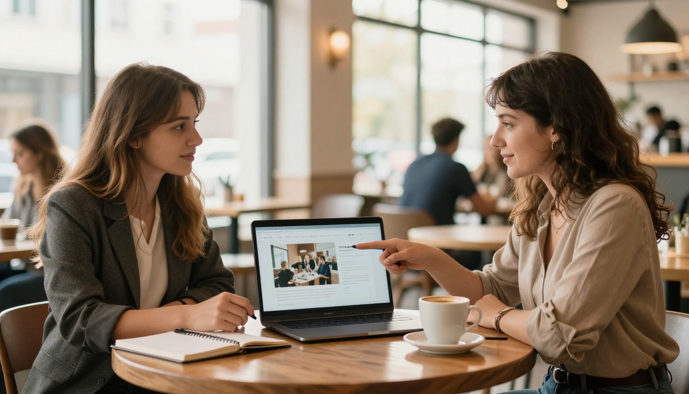 Brand manager and influencer reviewing media kit together at a coffee shop Brand manager and influencer reviewing media kit together at a coffee shop