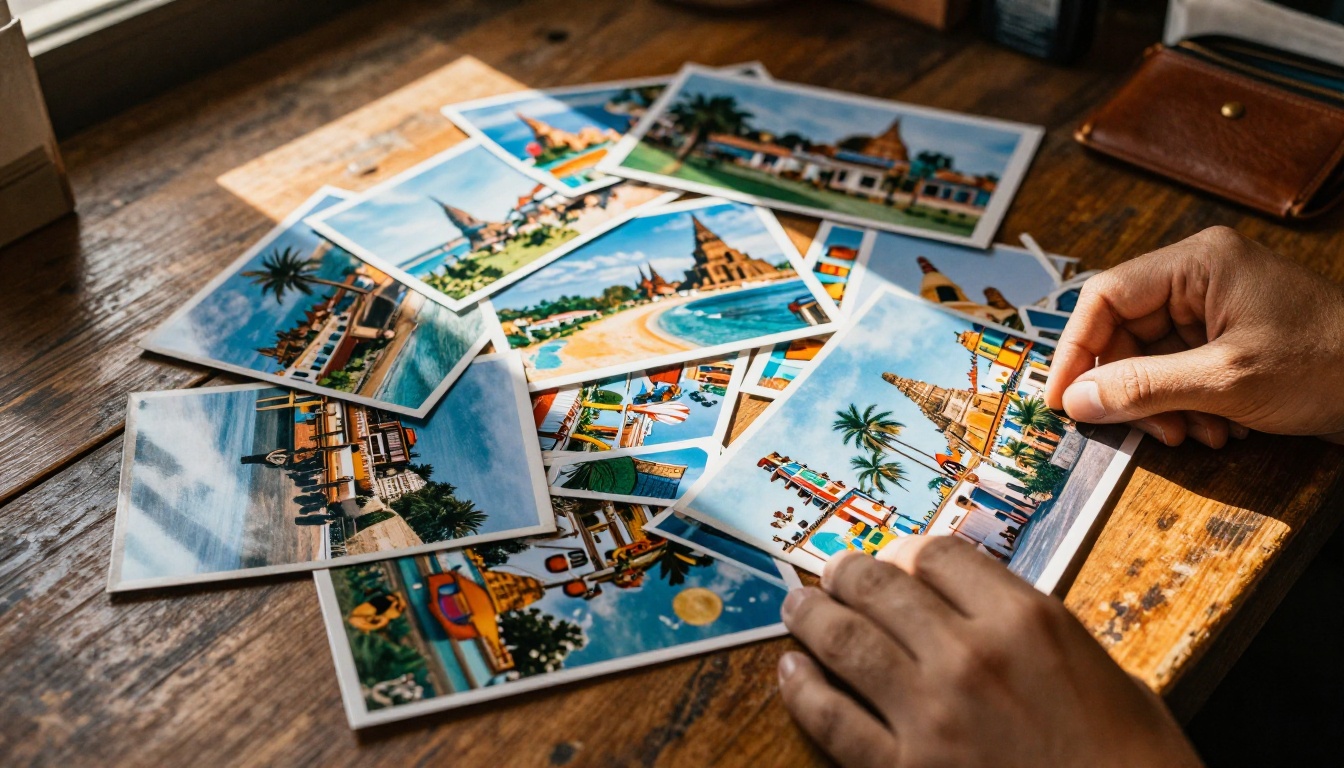 Curating travel photographs spread across a wooden table Curating travel photographs spread across a wooden table