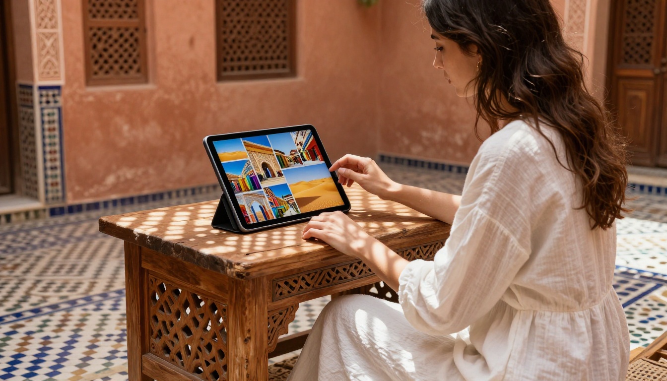 Woman in Moroccan riad organizing travel photos on a tablet showing a flipbook Woman in Moroccan riad organizing travel photos on a tablet showing a flipbook