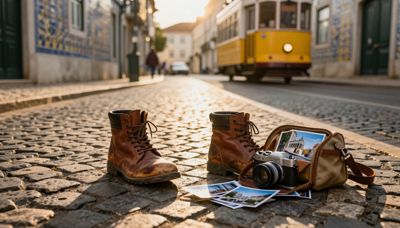 Traveler's boots and camera bag with travel photos on cobblestone Lisbon street Traveler's boots and camera bag with travel photos on cobblestone Lisbon street