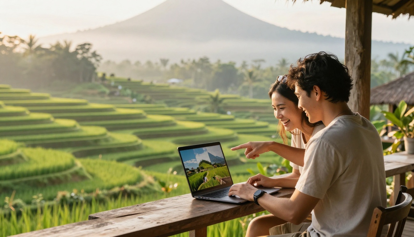 Couple sharing a travel flipbook on laptop overlooking Bali rice terraces Couple sharing a travel flipbook on laptop overlooking Bali rice terraces