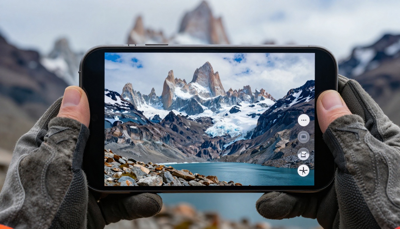 Smartphone showing a travel flipbook with Patagonia mountain photos Smartphone showing a travel flipbook with Patagonia mountain photos