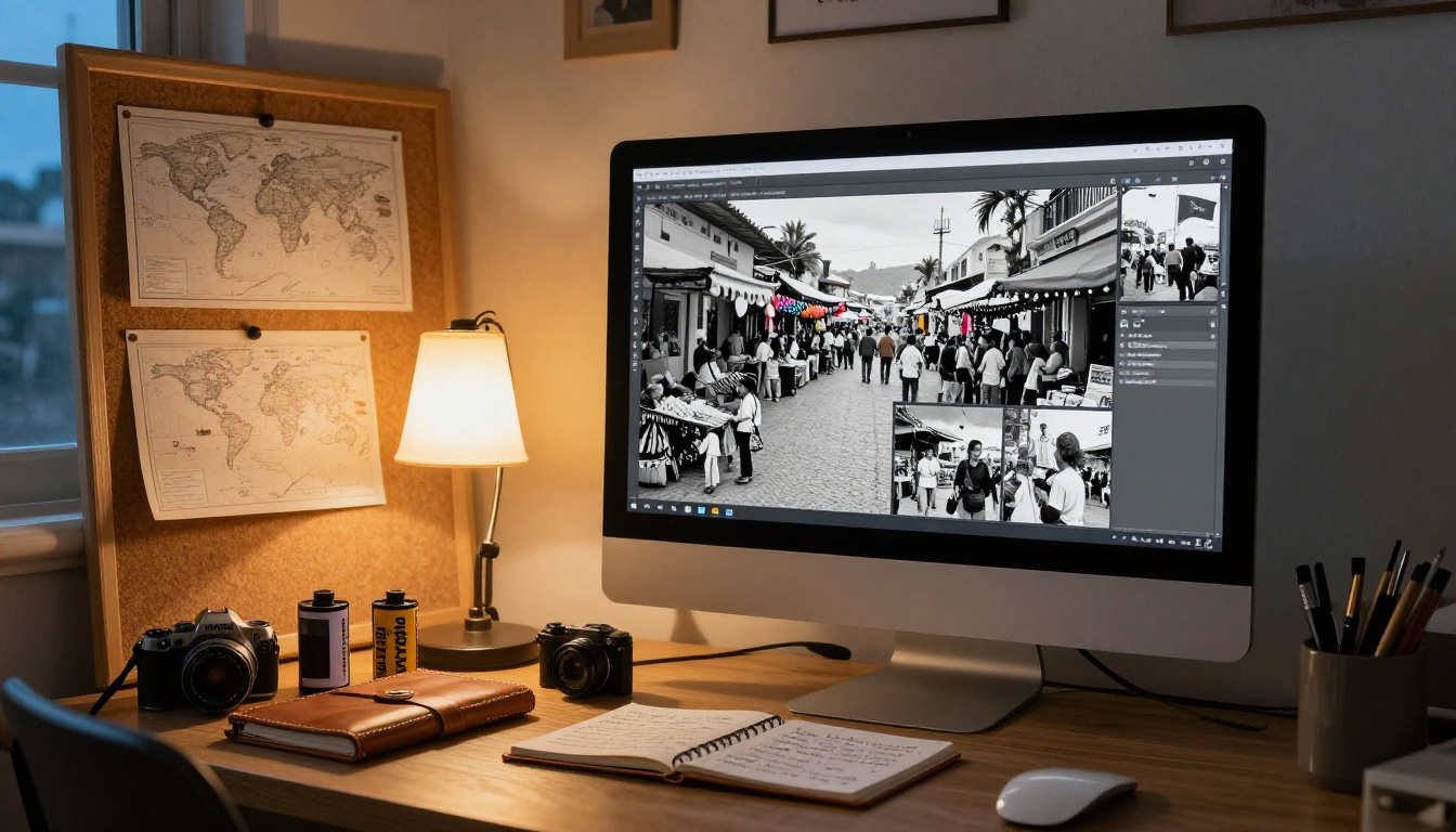 Travel photographer's workspace with monitor showing a digital flipbook Travel photographer's workspace with monitor showing a digital flipbook