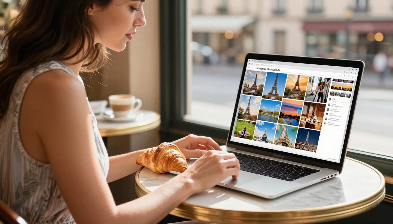 Woman uploading travel photos at a Paris cafe with Eiffel Tower in background Woman uploading travel photos at a Paris cafe with Eiffel Tower in background