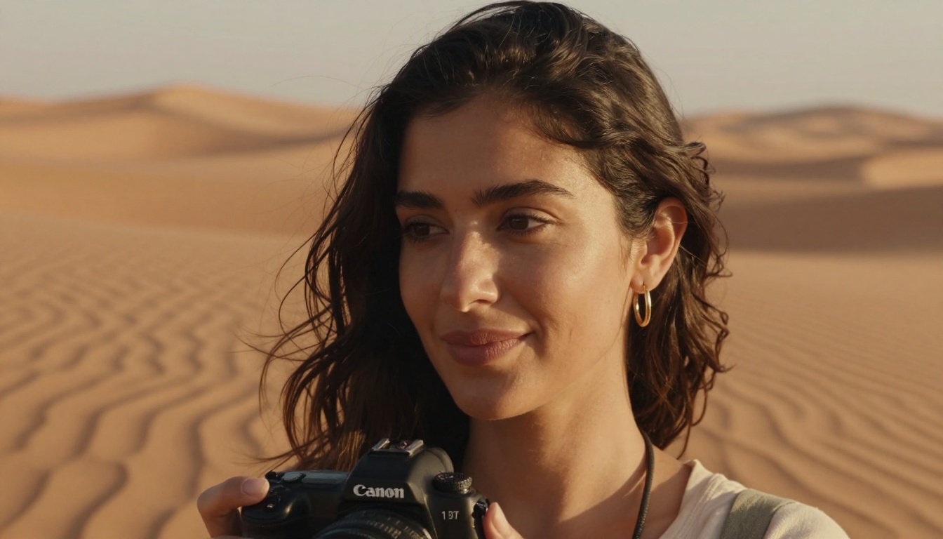 Travel photographer reviewing photos in golden hour Sahara desert light Travel photographer reviewing photos in golden hour Sahara desert light