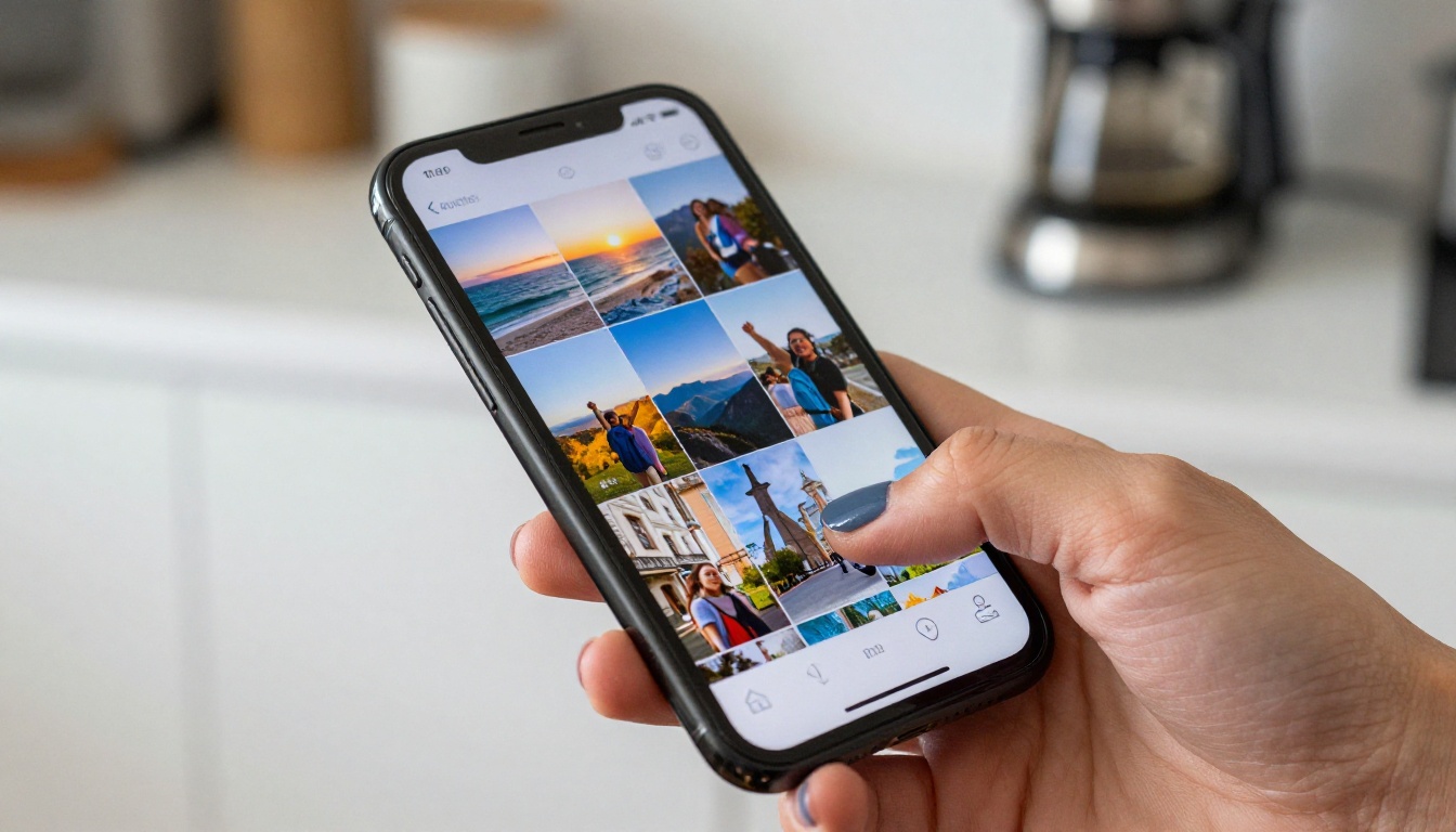 A phone gallery open on a smartphone screen, woman's thumb hovering mid-scroll over colorful photo thumbnails, warm natural light