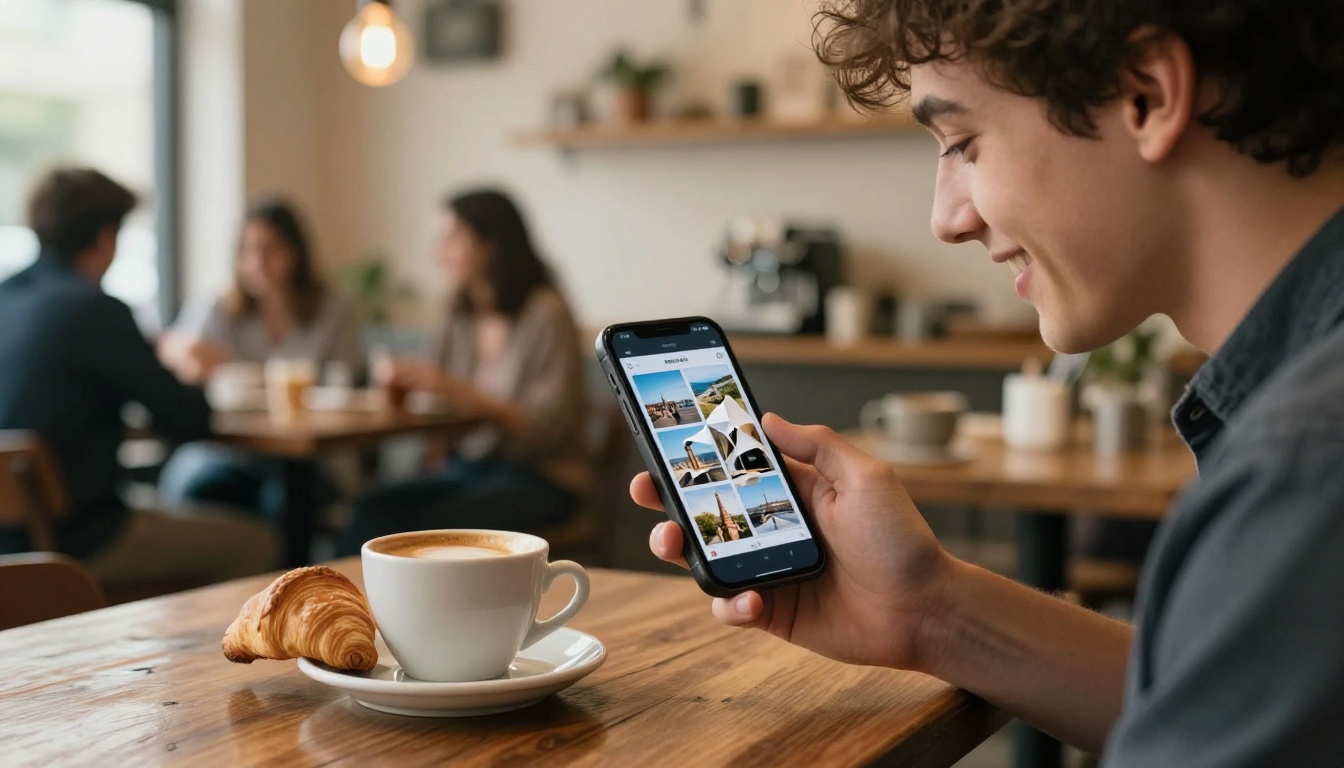 A young man at a café table viewing a digital flipbook on his phone with a page-curl animation, warm café bokeh background