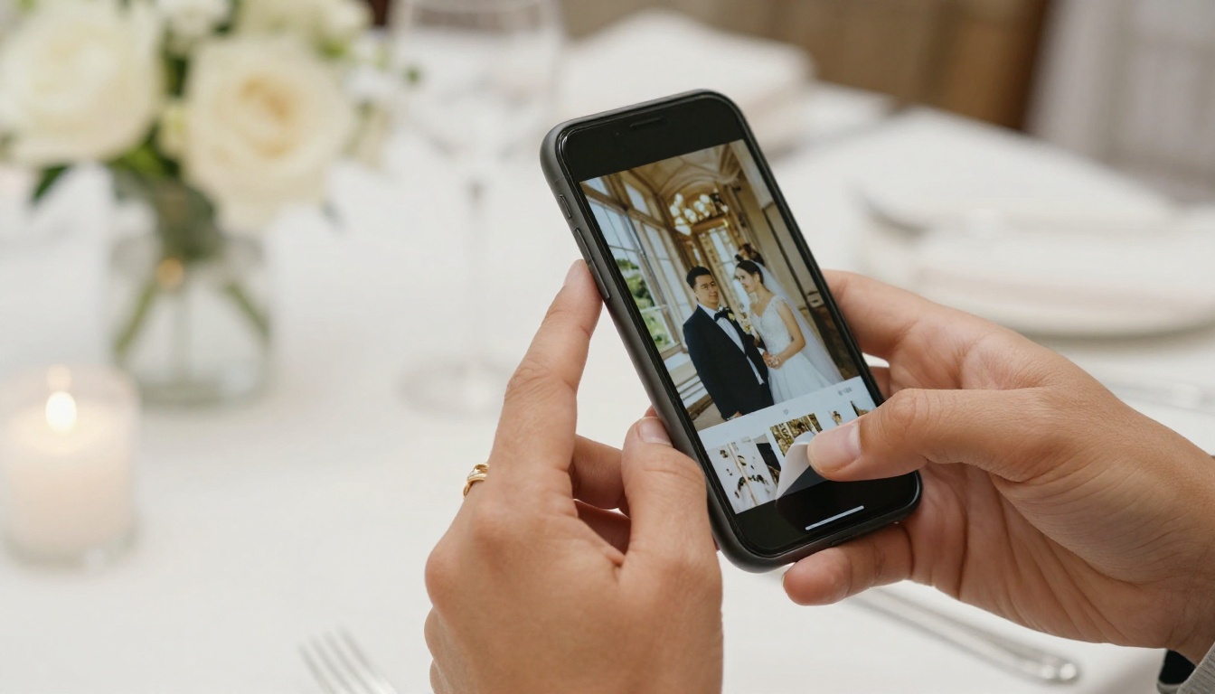 Two hands holding a smartphone showing a wedding photo flipbook with a page-curl, elegant blurred dining room background