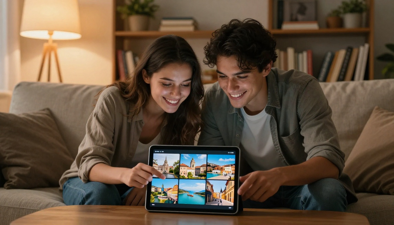 A couple on a linen sofa looking at a travel flipbook on a tablet, warm evening lamp light and bookshelves in the background