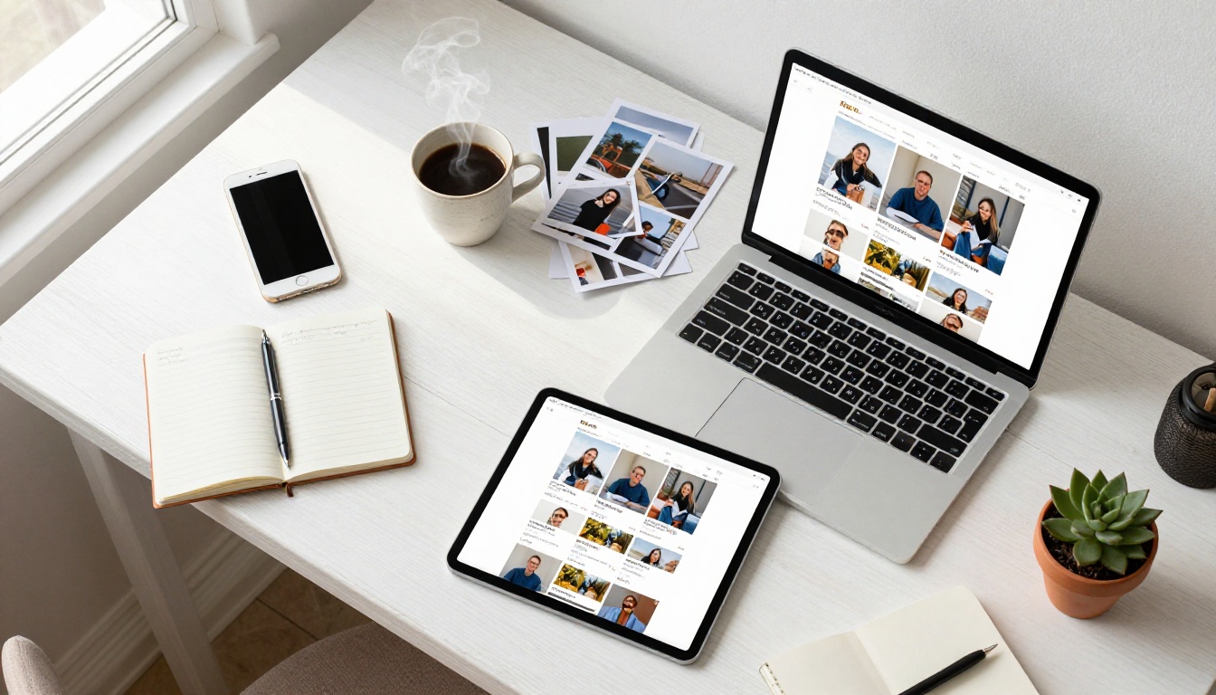 Aerial flat-lay of a desk with phone, tablet and laptop all showing a flipbook at different stages, scattered printed photos and coffee Aerial flat-lay of a desk with phone, tablet and laptop all showing a flipbook at different stages, scattered printed photos and coffee