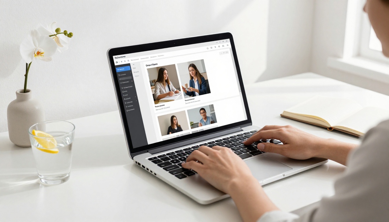 A woman typing on a laptop showing a flipbook editor interface with photo drag-and-drop layout, bright home office with white walls