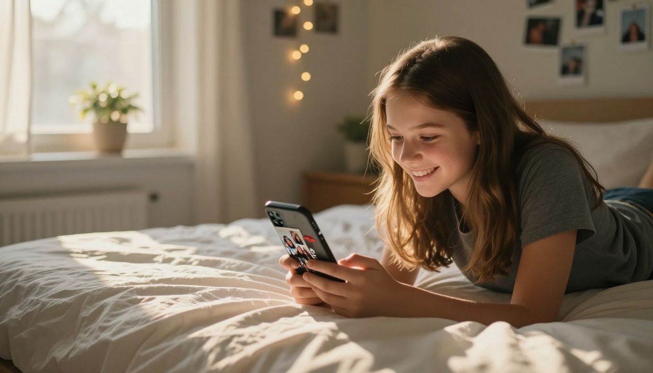 A teenage girl on a bed smiling at a digital flipbook of school memories on her phone, string lights and polaroids in the blurred background A teenage girl on a bed smiling at a digital flipbook of school memories on her phone, string lights and polaroids in the blurred background