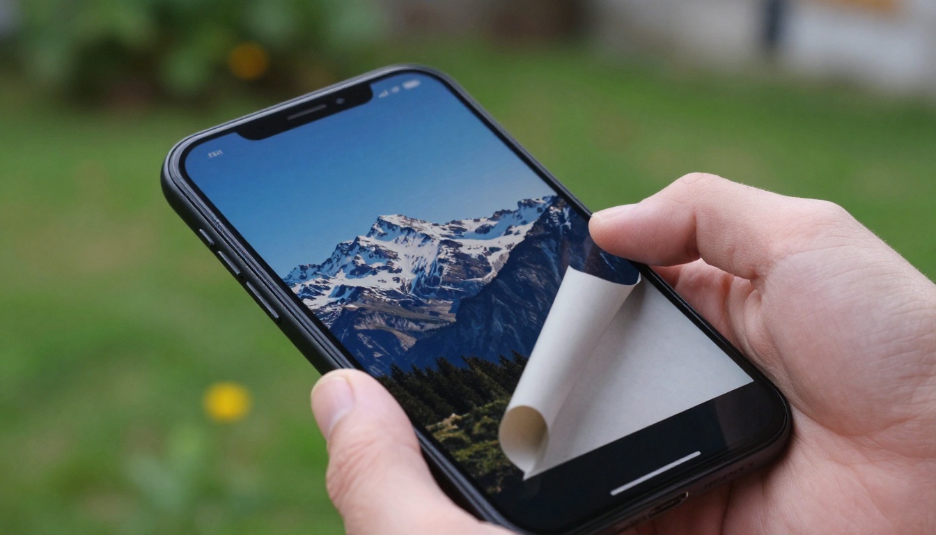 Close-up of a smartphone screen showing a flipbook page with a mountain landscape and a realistic page-curl animation at the corner, outdoors Close-up of a smartphone screen showing a flipbook page with a mountain landscape and a realistic page-curl animation at the corner, outdoors