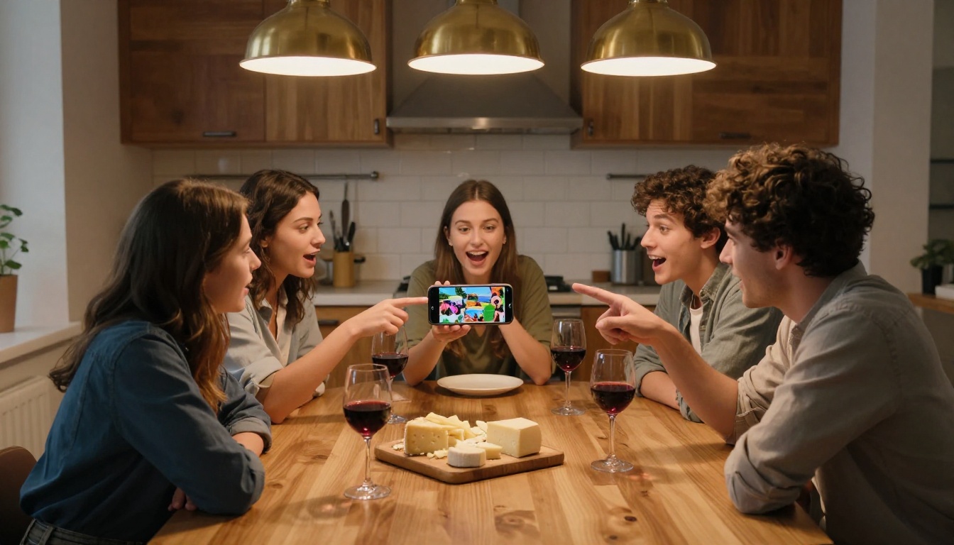 A group of friends around a kitchen table laughing and sharing a travel flipbook on a phone, warm pendant lamp light and wine glasses A group of friends around a kitchen table laughing and sharing a travel flipbook on a phone, warm pendant lamp light and wine glasses