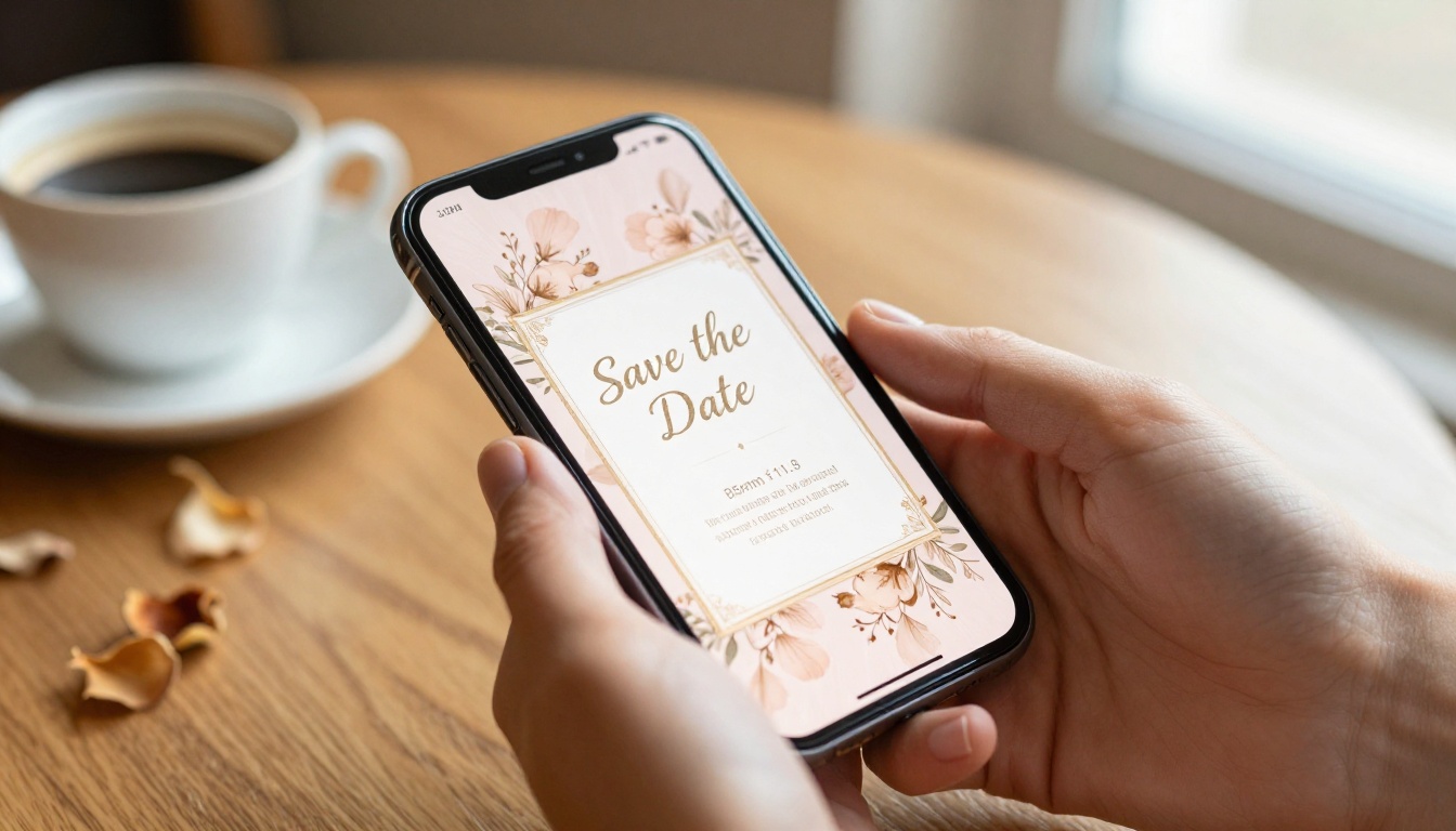 Digital save the date displayed on a smartphone at a warm cafe table