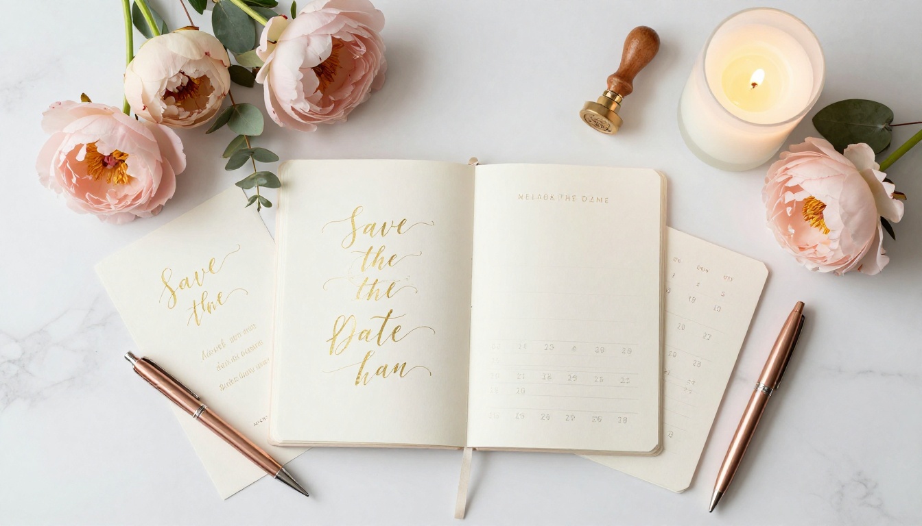 Overhead flatlay of wedding stationery, peonies, and a planner on white marble