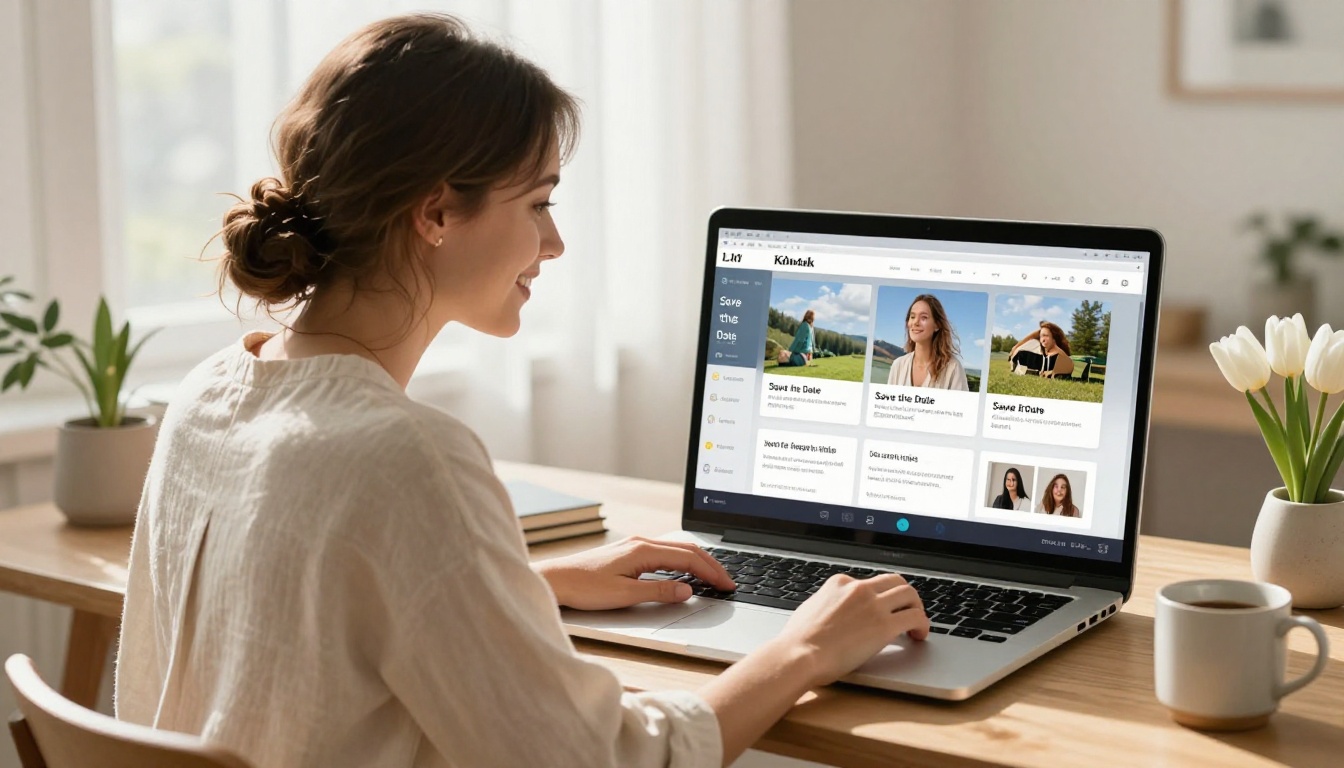 Young woman smiling at a laptop viewing a digital flipbook save the date