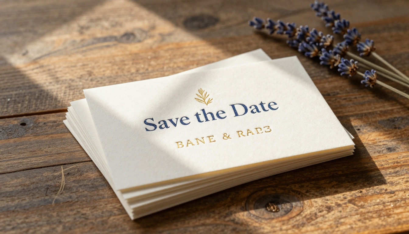 Stack of luxury printed save the date cards with lavender sprigs on a wooden table