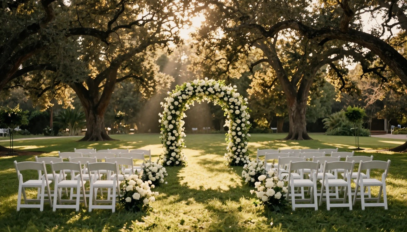 Romantic outdoor ceremony venue at golden hour with flower-covered arch and white chairs Romantic outdoor ceremony venue at golden hour with flower-covered arch and white chairs