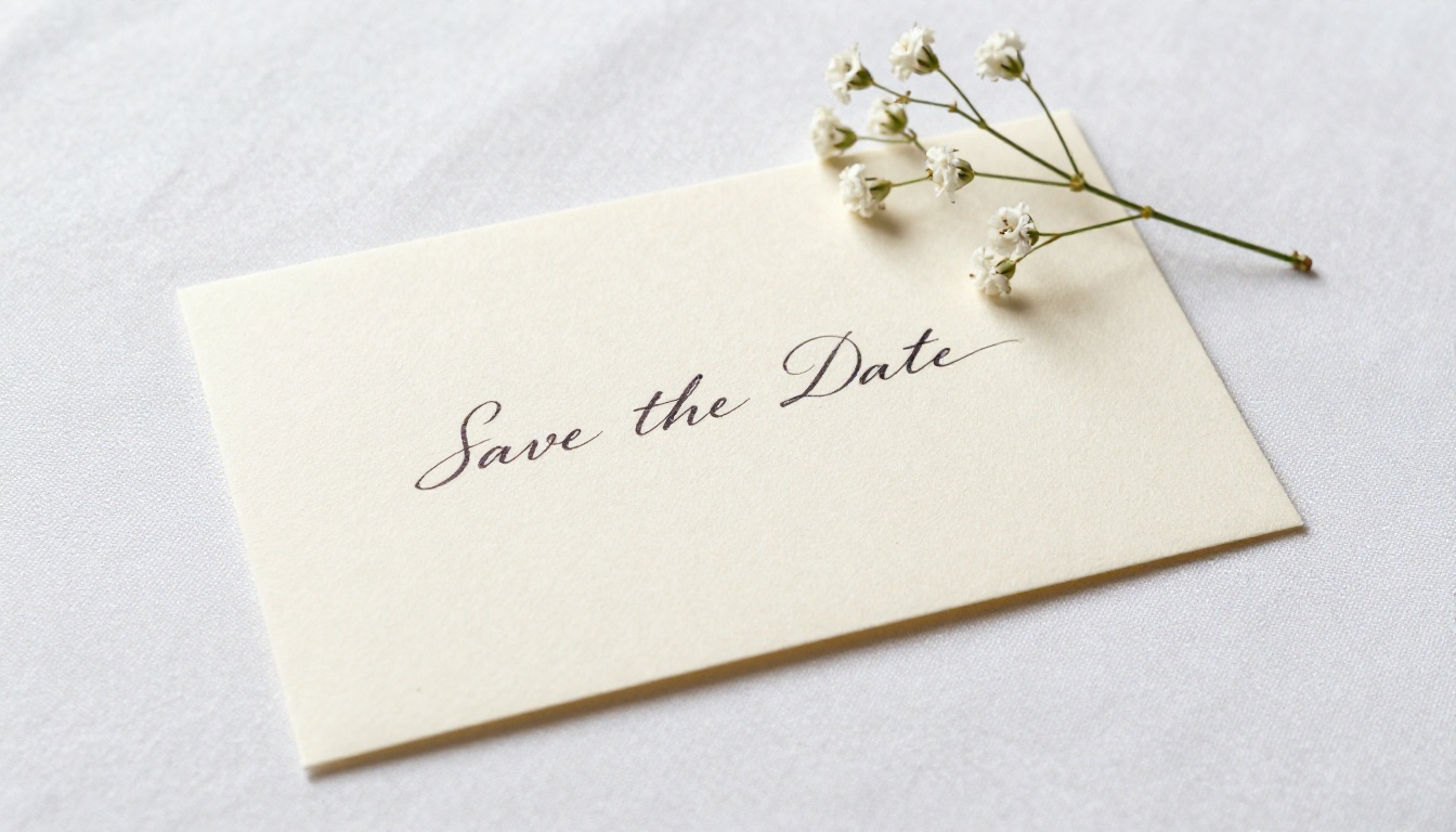 Intimate close-up of a luxury save the date card with handwritten calligraphy on a linen cloth Intimate close-up of a luxury save the date card with handwritten calligraphy on a linen cloth