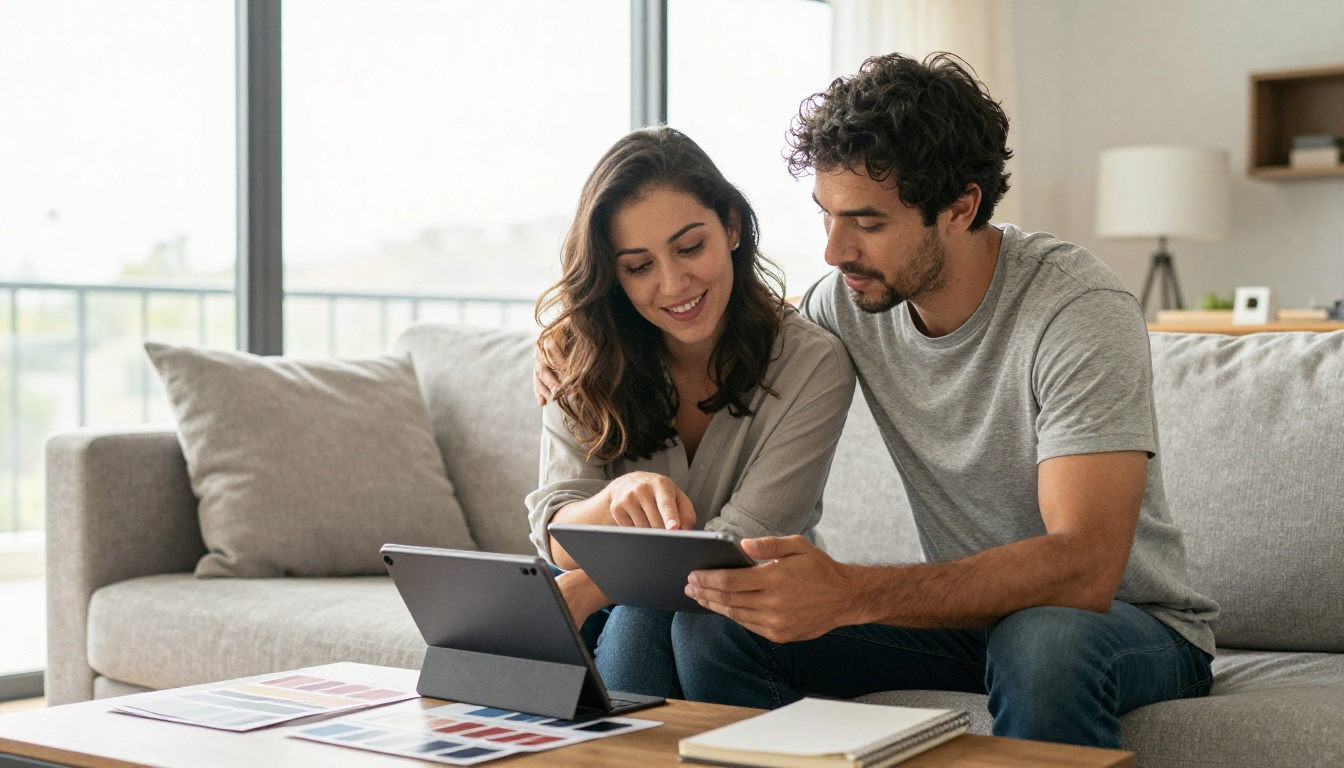 Couple sitting together on a sofa reviewing a digital save the date design on a tablet Couple sitting together on a sofa reviewing a digital save the date design on a tablet