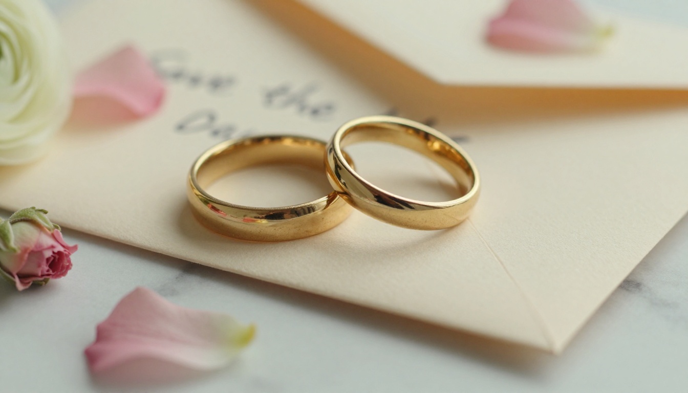 Macro close-up of two gold wedding rings on a cream envelope with blush rose petals Macro close-up of two gold wedding rings on a cream envelope with blush rose petals