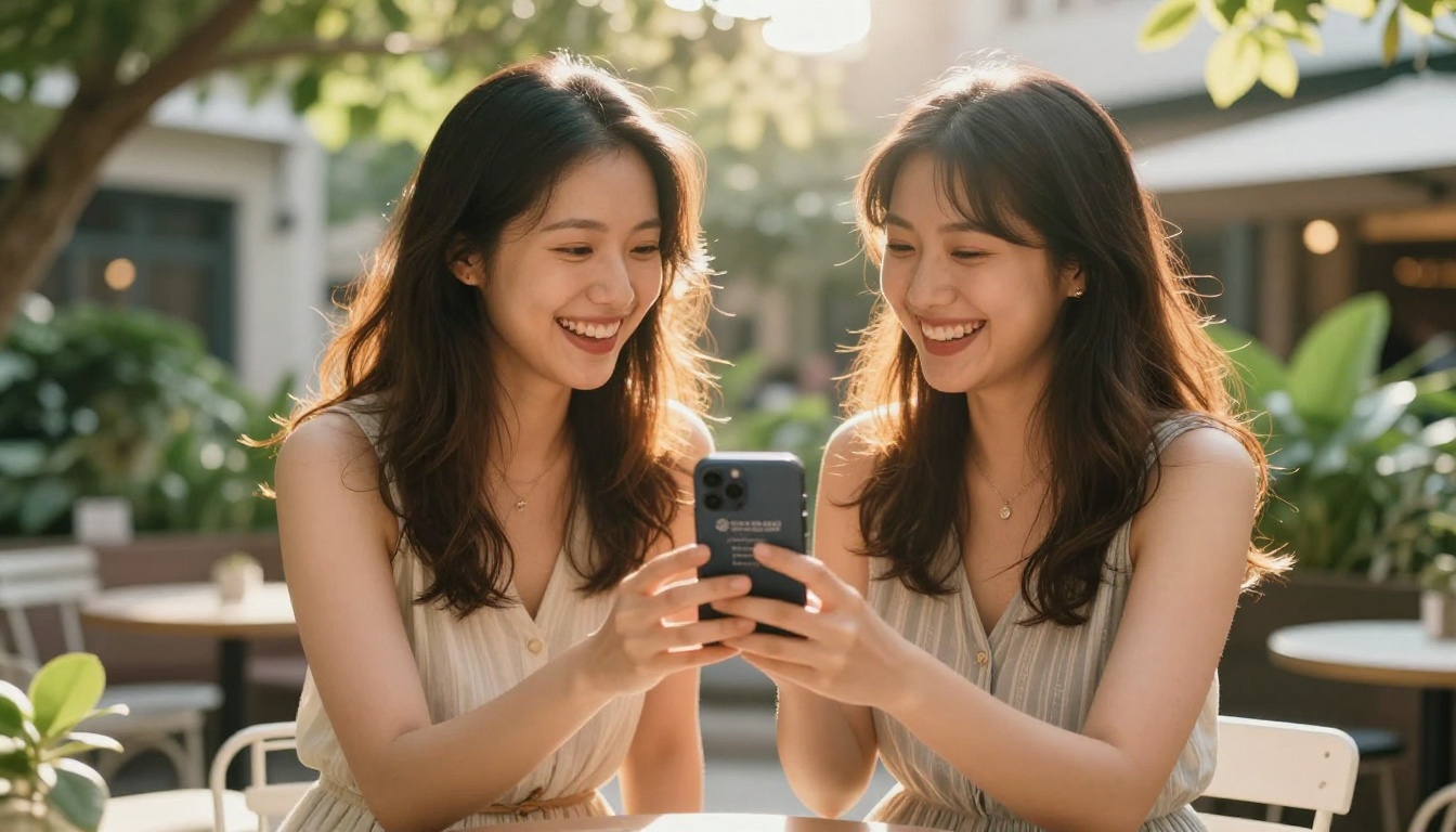 Two women laughing outside a cafe while one shows the other a save the date on her phone