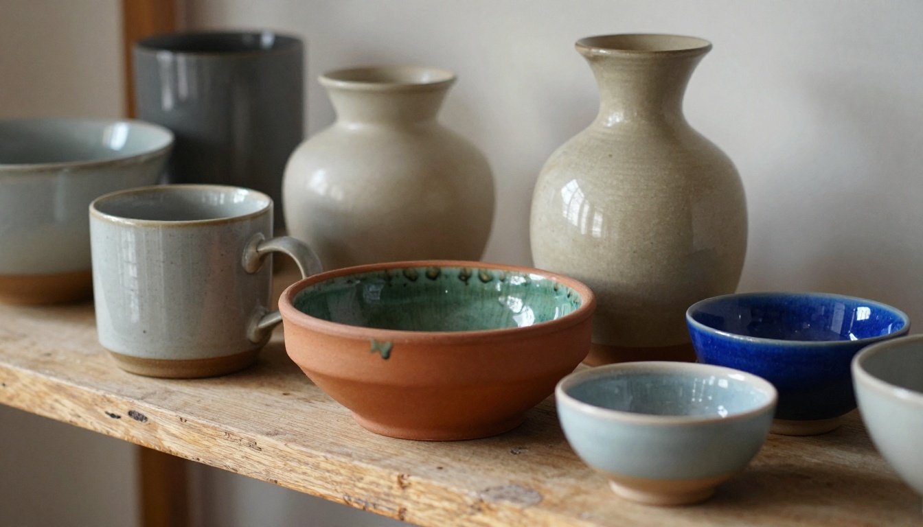 Handmade ceramic pottery pieces arranged on a wooden shelf Handmade ceramic pottery pieces arranged on a wooden shelf