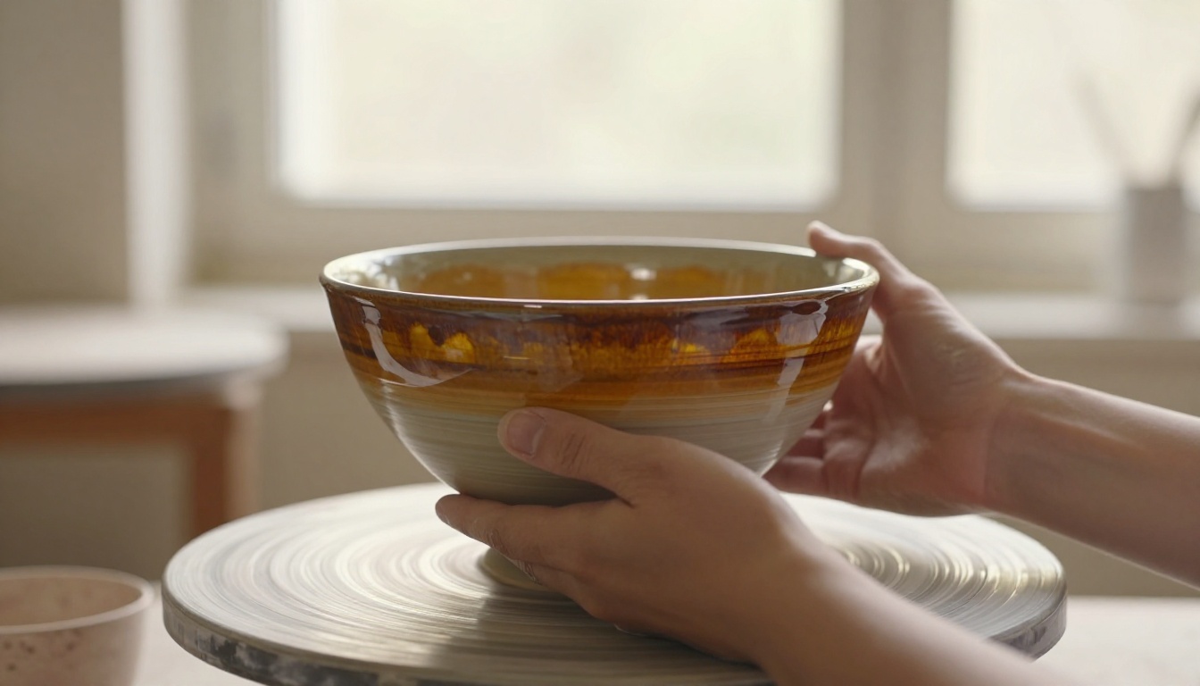 Potter's hands holding a glazed ceramic bowl toward the light Potter's hands holding a glazed ceramic bowl toward the light